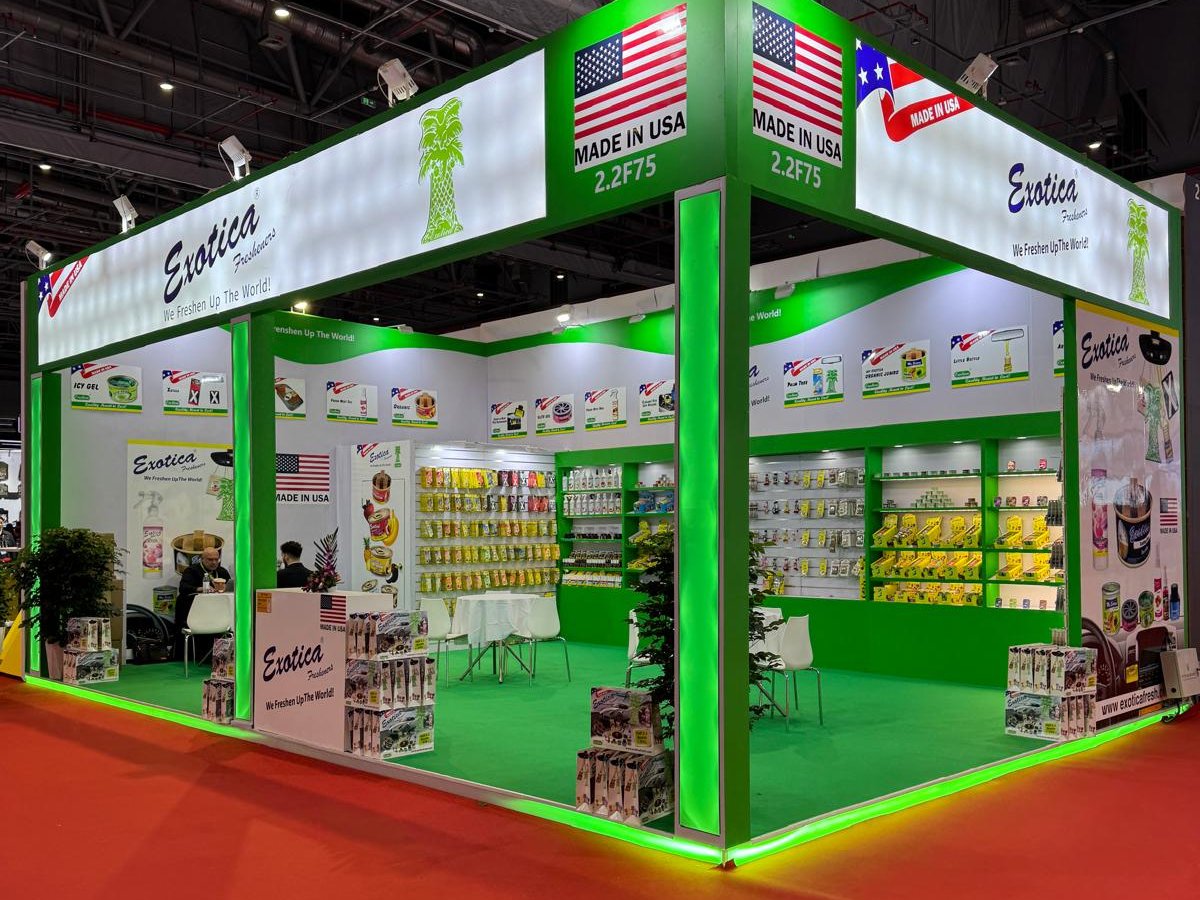 Gels, sprays, bottles and vent fresheners merchandised on the Exotica stand